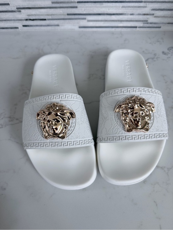 Versace Shoes - Versace White Slides with Gold Medusa Plaques size 11